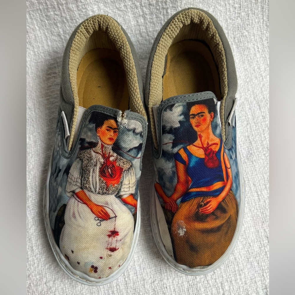 Hand Painted Frida Kahlo "New Vintage" Women's Slip On Shoes, Size 6